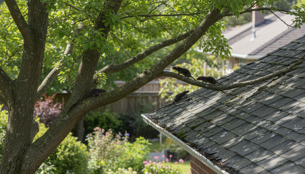 découvrez comment les rats noirs exploitent les branches d'arbres proches de vos toitures pour s'introduire chez vous et apprenez à prévenir ces intrusions.