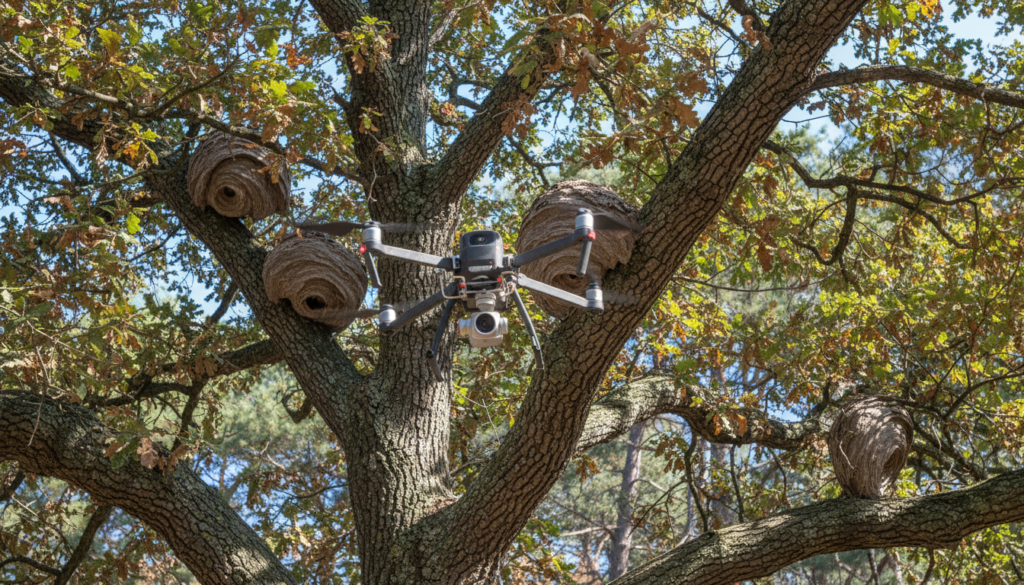 découvrez comment le diagnostic par drone peut aider à repérer efficacement les nids de frelons en hauteur, pour une intervention rapide et sécurisée.